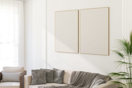 Mockup of two thin vertical wooden frames on a light wall in a modern interior with minimalist...