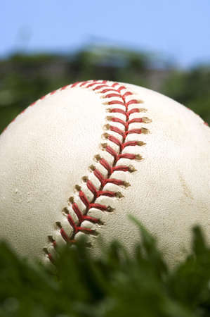Baseball laying on grass and blue skyの写真素材