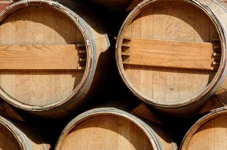 Wooden wine barrels on display 