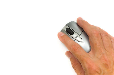 Hand holding portable mouse on white backgroundの写真素材
