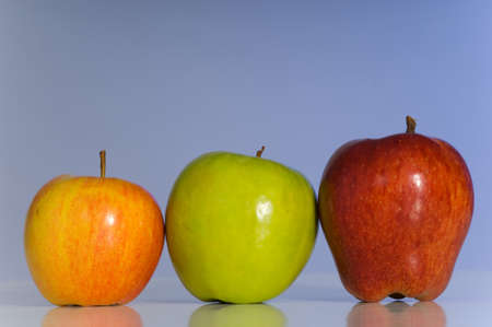 Variety of apple in a row against blue background for copyの写真素材
