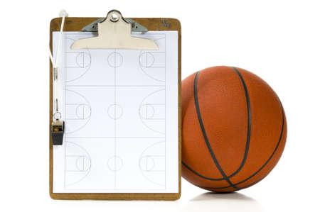 Clipboard, whistle, clipbaord and ball -  items a coach would use when coaching or teaching basketball on white backgroundの写真素材