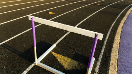 Running track with hurdle positoined for a raceの写真素材