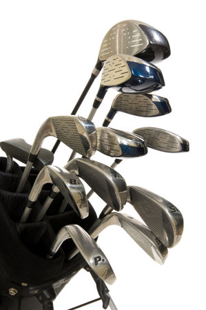 full Set of modern golf clubs on white backgroundの写真素材