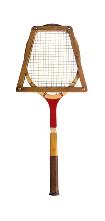 A vintage tennis racket on a white background