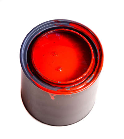 Colorful can of red paint on a white background  with space for copy etc.の写真素材