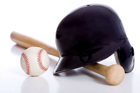 Baseball items on a white background including a batting helmet a wooden baseball bat and a baseballの写真素材