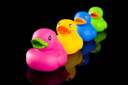A variety of colorful ducks on a black background, individualtiy, uniqueness or variety concept.  の写真素材