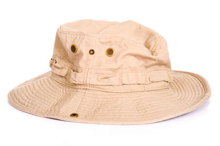 A khaki brown Boonie hat or sun hat on a white background with copy spaceの写真素材