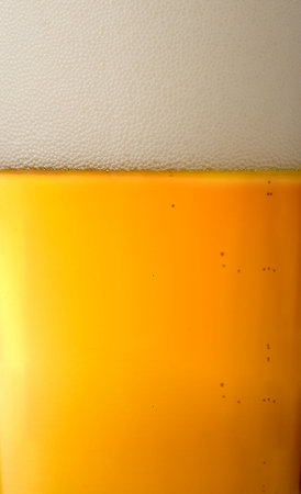 A close-up of a glass of beer with the foam and the drink, with copy space