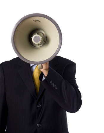  A business man, banker or preacher with a megaphone on a white backgroundの写真素材
