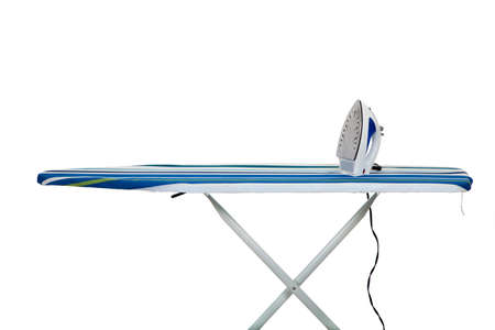 A clothes iron and ironing board on a white background with copy spaceの写真素材