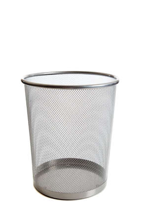 An empty wire mesh trash can on white background with copy spaceの写真素材