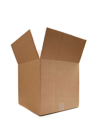 Brown cardboard moving box on a white backgroundの写真素材