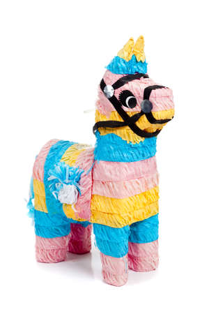 A pink, blue and yellow burro pinata on a white backgroundの写真素材