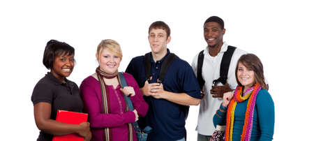 A group of happy multi-racial college students holding backpacks on a white backgroundの写真素材