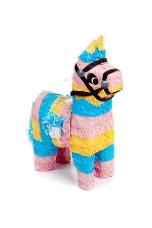 A pink, blue and yellow burro pinata on a white backgroundの写真素材