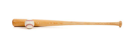 A baseball and wooden bat on a white backgroundの写真素材