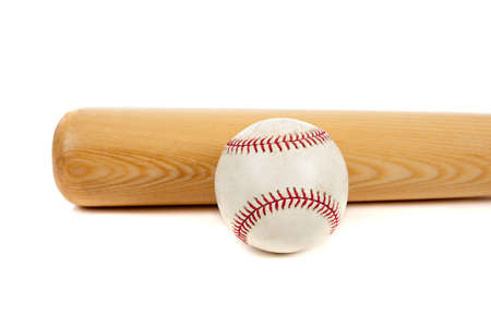 A baseball and wooden bat on a white backgroundの写真素材