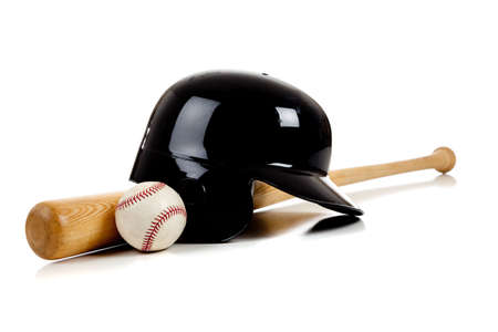 Assorted baseball equipment on a white background including a batting helmet and wooden bat and a leather baseball の写真素材