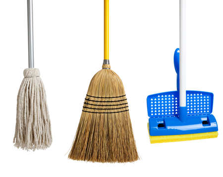 Blue and yellow sponge mop, broom and string mop on a white backgroundの写真素材