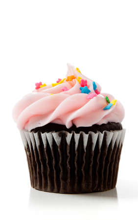 Pink chocolate cupcakes on a white background with copy spaceの写真素材