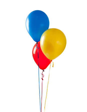 Blue, red and yellow balloon on a white backgroundの写真素材