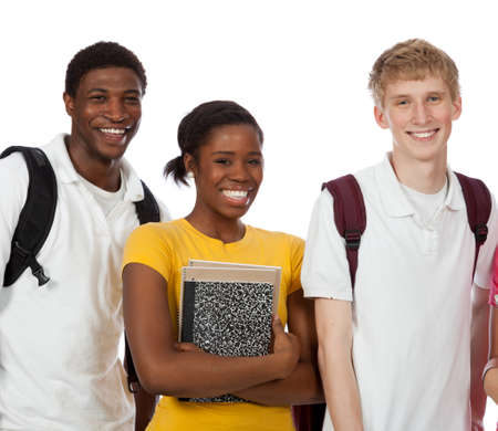 A group of multi-racial college students with backpacks and books on a white backgroundの写真素材