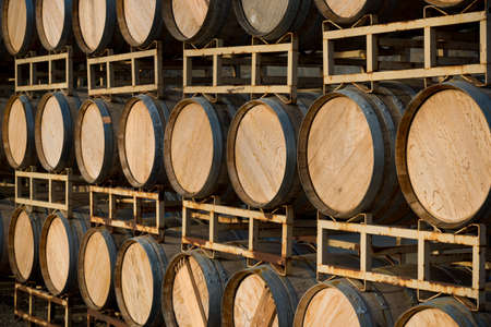 Rown of wine barrels on a a standの写真素材