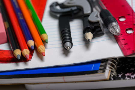 School supplies on a white backgroundの写真素材