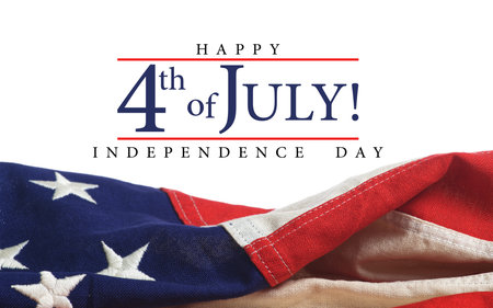A vintage United States flag with Fourth of July greeting on white background.