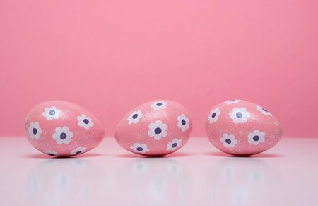 Painted Easter eggs on a colorful backgroundの写真素材