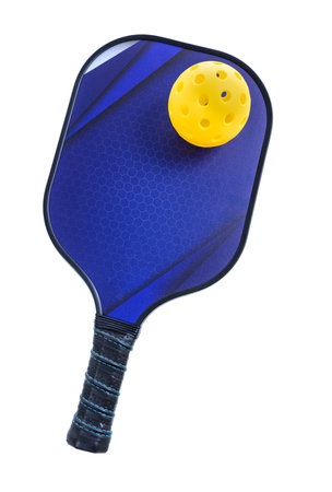 Blue Pickleball paddle or raquet with yellow ball on white backgroundの写真素材
