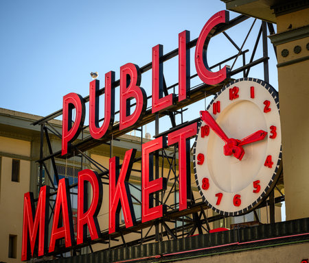 The famous Public Market sign in Seattle Washington, USAの写真素材