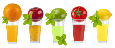 Fresh fruit juices orange, tomato, lemon, limeの写真素材