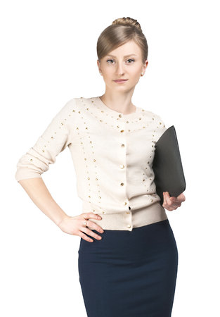 Successful business woman secretary with laptop on white backgroundの写真素材