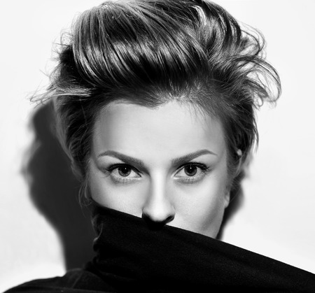 Black and white portrait of strict woman, fashion hairstyleの写真素材