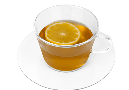 Black tea with lemon on white backgroundの写真素材