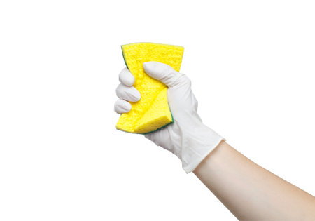 Woman's hand in glove, holding a sponge isolated on whiteの写真素材