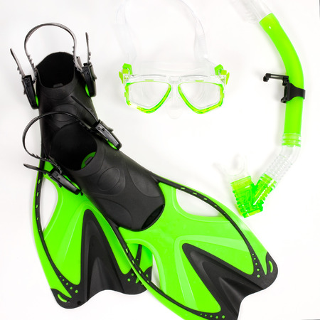 Snorkelling equipment. Flippers, mask and snorkel top view imageの写真素材