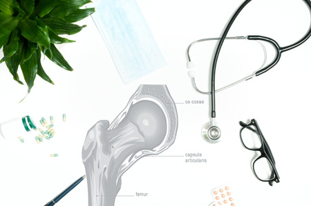 Workplace of doctor - stethoscope, medical itemsの写真素材