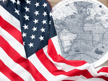Happy Columbus Day. United States flag. Map of the American continentの写真素材