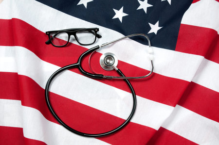 Stethoscope on US flag.  American national flagの写真素材