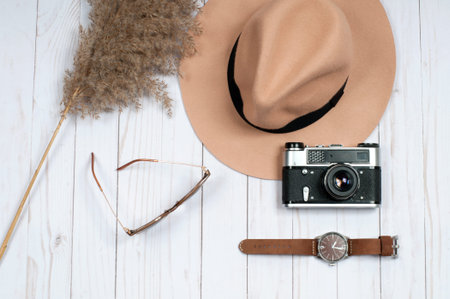Autumn accessories for women. Fashion clothes, watches and stylish hat