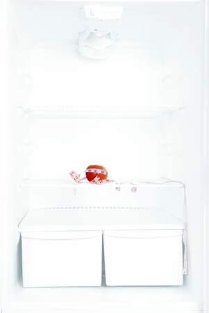 Apple on shelf of open empty refrigerator. Weight loss diet concept.の写真素材