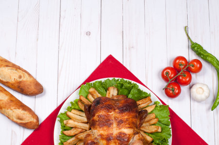 Thanksgiving or Christmas. Homemade  roasted whole turkey on wooden table. Thanksgiving Celebration...