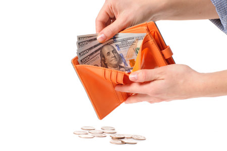 Money in wallet. A woman counting cash. 