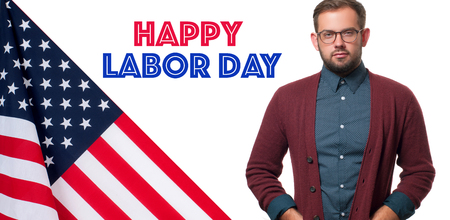 Happy Labor Day. USA flag and business man on white backgroundの写真素材