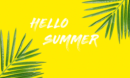 Summer holiday web banner. Summer background with lettering hello summer on yellow backgroundの写真素材
