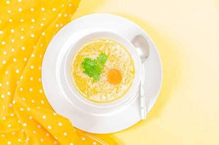 Chicken noodles soup. Healthy lunch, homemade chicken brothの写真素材